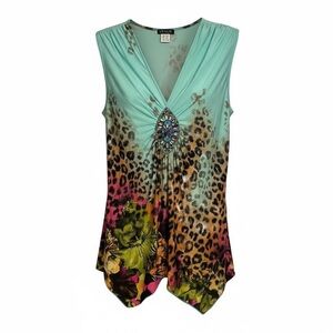 Venus Cheetah Print V-Neck Top Women’s XL Embellishment Made In USA Resort Y2K